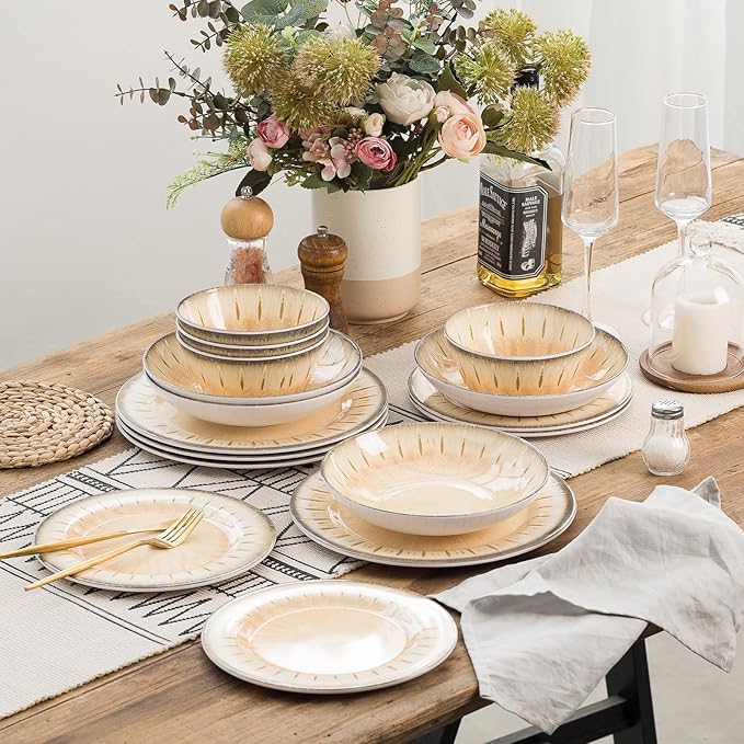 MissYip Melamine Dinnerware Set, 16 Piece for 4, Unbreakable Kitchen Plastic Plates and Bowls set, Indoor and Outdoor Use Tableware, BPA Free, Dishwasher Safe, Not Microwave, Not Oven(Cream)