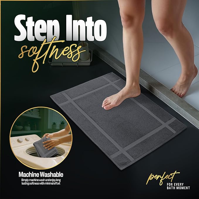Pearl Linens Pack of 2 Washable Cotton Bath Mat 20x30 - Soft & Absorbent Quick Dry Bathroom Mat Set, Not Bathroom Rugs After Shower Mat, Terry Bath Tub Mat, 687 GSM Dark Grey