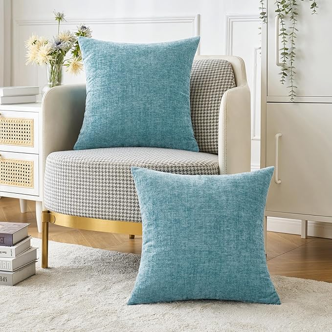 MIULEE Pack of 2 Couch Throw Pillow Covers 20x20 Inch Soft Smoke Blue Chenille Pillow Covers for Sofa Living Room Solid Dyed Pillow Cases