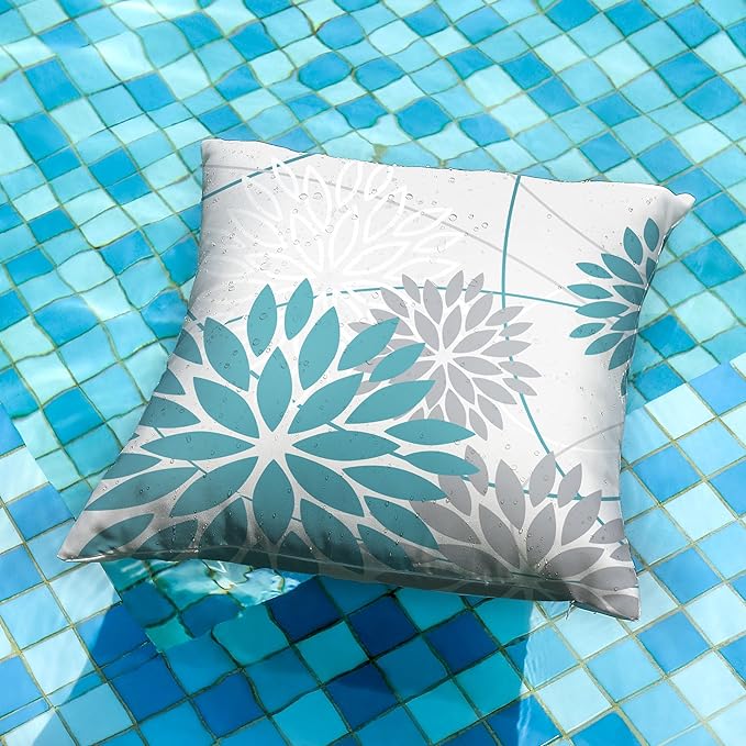 Blue and Grey Floral Pillow Covers 20x20 Set of 2 Outdoor Waterproof Decorative Throw Pillows Summer Pillow Covers Polyester Cushion Case Decor for Couch Patio Funiture Garden Porch 011A20