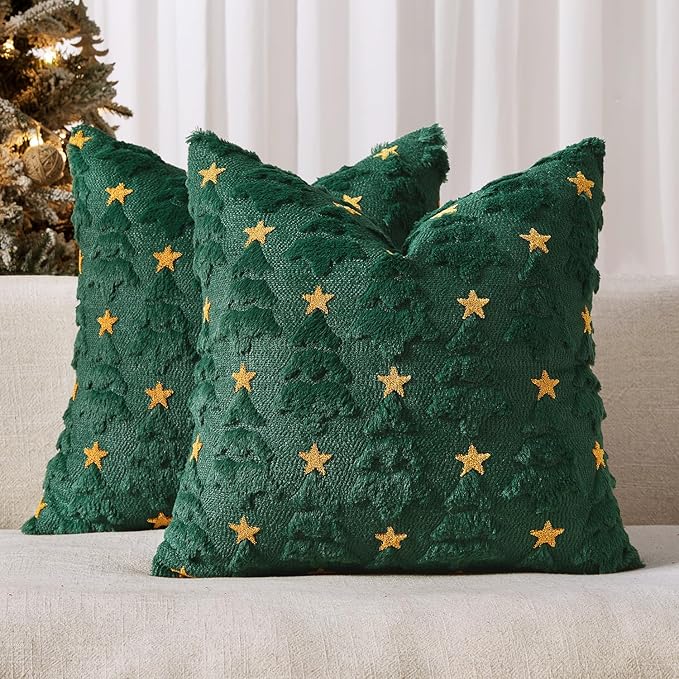 MIULEE Christmas Pillow Covers 16x16 Inch Set of 2, Dark Green Christmas Tree Plush Faux Fur Pillowcases Soft Decorative Throw Pillow Cases for Couch Sofa Living Room Winter Xmas Holiday Home Decor