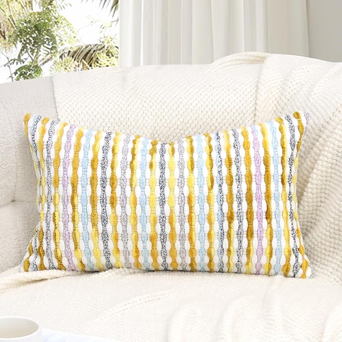 Boho Decorative Throw Pillow Covers 12x20 Inch, Chenille Tufted Pillow Cover Striped Textured Lumbar Farmhouse Accent Pillowcase for Couch Sofa Bedroom Living Room, Yellow White Stripe 1 Pack