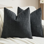 FUTEI Black Chenille Decorative Throw Pillow Covers 24x24 Inch Set of 2,Soft Embossed Striped Textured European Cushion Case,Modern Home Decor for Couch Bed Living Room