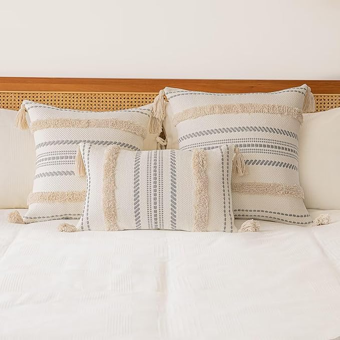 Boho Throw Pillow Covers 20x20 Set of 2 Woven Tufted Farmhouse Pillows Cover with Tassels Textured Striped Cushion Case Neutral Pillow Cases Decorative Pillowcase for Sofa, Couch, Bed, Khaki