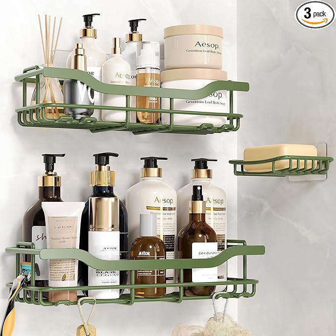 OMAIRA 3-Pack Shower Caddy with Soap Holder, Adhesive Rustproof No-drill Strudy Loading Inside Shower Organizer Shelves Rack Storage Bathroom Organization for Smooth Wall Glass Tile, Green (X-Large)