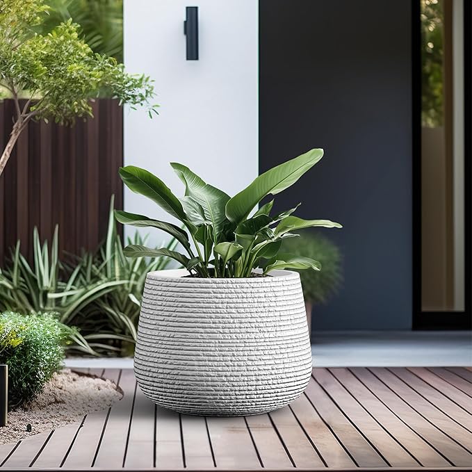 Kante 18.1" Dia Round Fluted Planter with Surface Indentations, Large Flower Pot with Drainage Hole for Indoor & Outdoor Plants, White Finish with Aqua Blue Interior