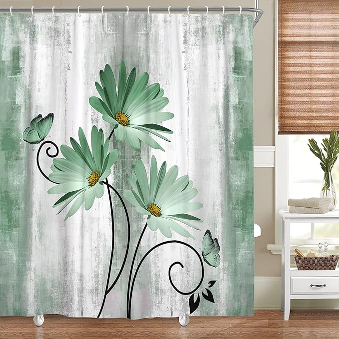 Rustic Farmhouse Shower Curtain, Farm Sage Green Daisy Floral Flowers and Butterfly on Country Wooden Shower Curtain for Bathroom, Turquoise Teal Gray Grey Shower Curtain with 12PCS Hooks, 70X84IN