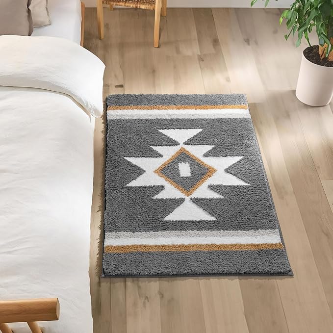 Boho Bathroom Rugs Grey Bath Mat Non Slip Soft Absorbent Bath Rug, Western Geometric Luxury Plush Floor Mat for Farmhouse Bathroom Shower Kitchen Modern Decor, 24x36