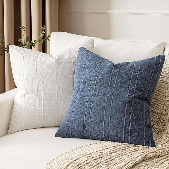 MIULEE Decorative Linen Check Euro Shams Throw Pillow Covers Neutral Farmhouse Vintage Pillow Covers 22x22 Set of 2 Boho Modern Home Decor for Sofa Couch Bedroom Cushion Blue