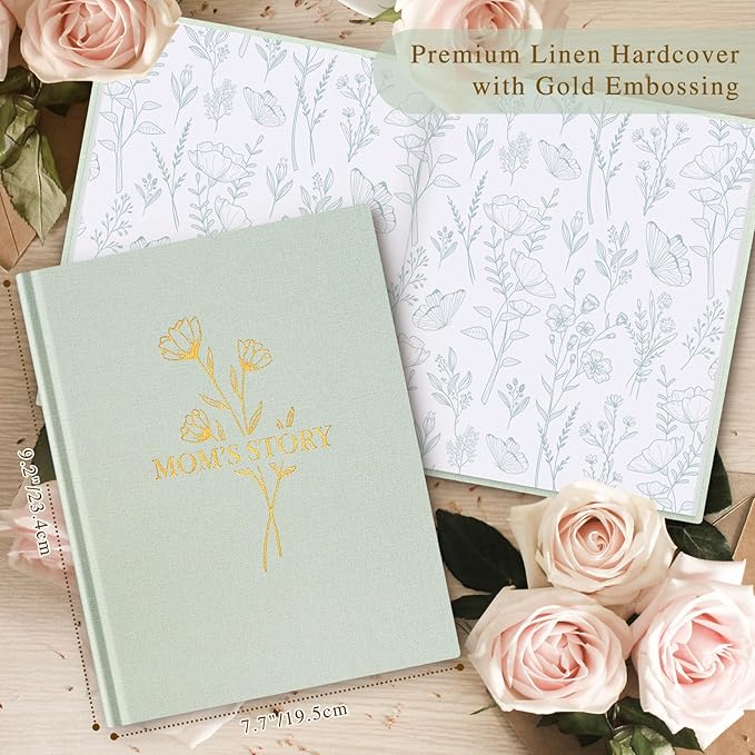 Lanpn Mom Life Story Book Journal with 270+ Prompts, Linen Hardcover Mother Story Guided Journal, Mom Memory Keepsake Book to Fill Out, Mother's Day Birthday Christmas Gift for Mom, Sage Green