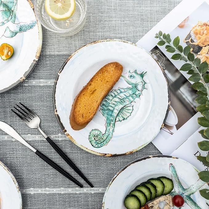 Melamine Salad Plates Set of 4, Salad/Dessert Plate for Outdoor/Indoor Use, Shatterproof, BPA Free, Dishwasher Safe Small Dinner Plates, Marine Life