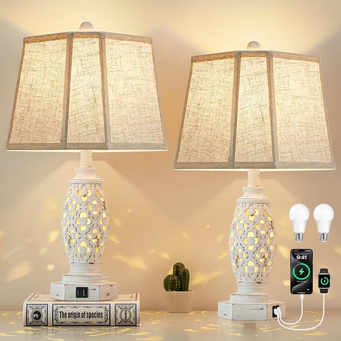 Lamps for Night Stands Set of 2-23.5" Bedside Lamp with USB A+C and Nightlight - Rustic Farmhouse Table Lamp for Bedrooms, End Tables, Living Room - French Country Decor, Bulbs Included, Cream