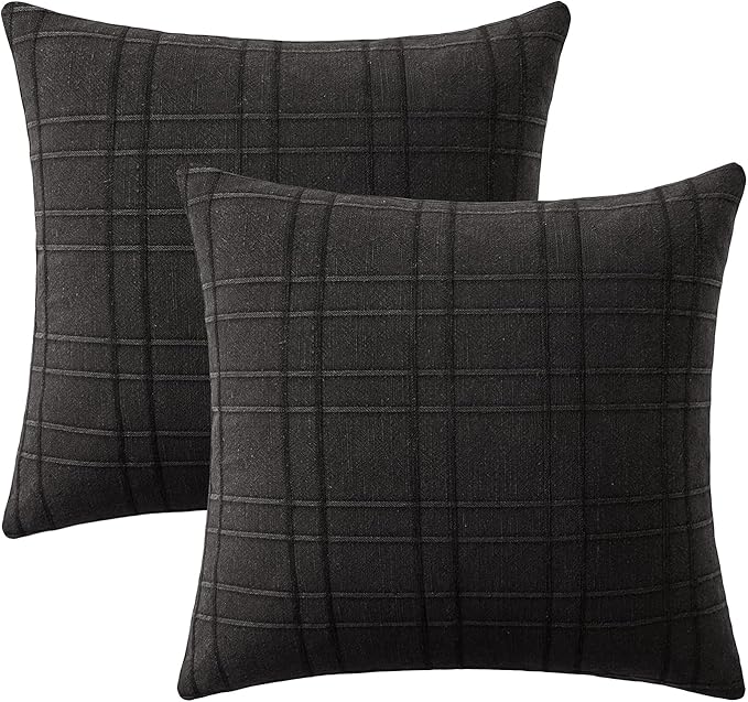 MIULEE Decorative Linen Check Throw Pillow Covers Neutral Farmhouse Vintage Pillow Covers 18x18 Set of 2 Boho Modern Home Decor for Sofa Couch Bedroom Cushion Black