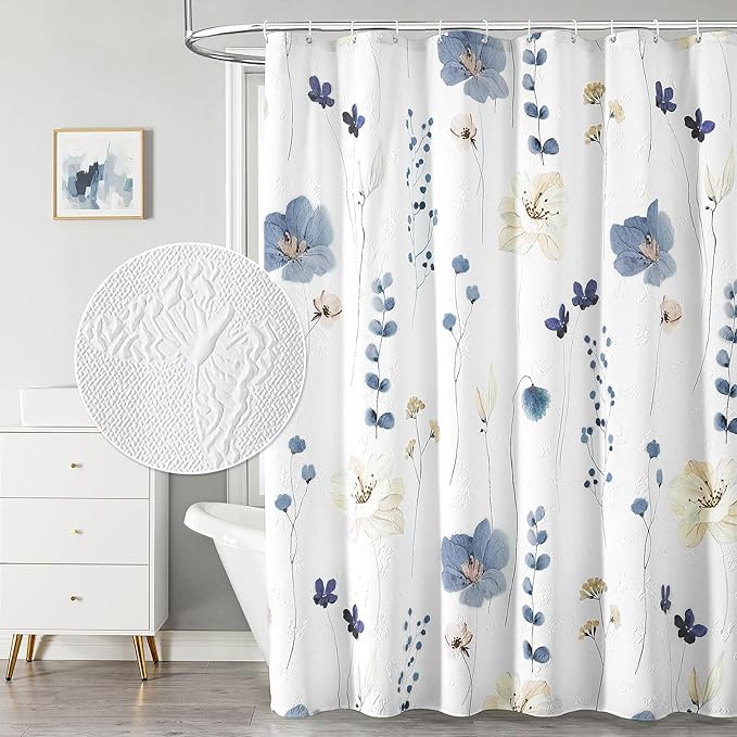 QiyI Long Shower Curtain 72 x 78, Watercolor Floral Bath Curtain, 3D Embossed Butterflies Grey Flower Cloth Bathroom Decor, Waterproof Fabric Rustic Farmhouse Textured Shower Set with Hooks