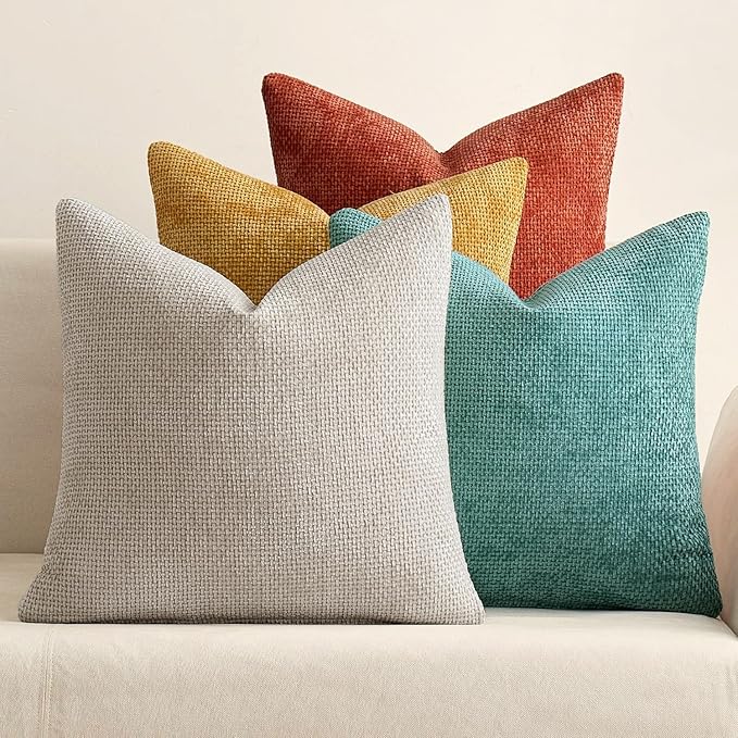 MIULEE Pack of 4 Couch Throw Pillow Covers 16x16 Inch Neutral Orange/Teal Soft Decorative Chenille Pillow Covers Farmhouse Accent Cushion Covers for Boho Home Decor Spring Sofa Bedroom Living Room