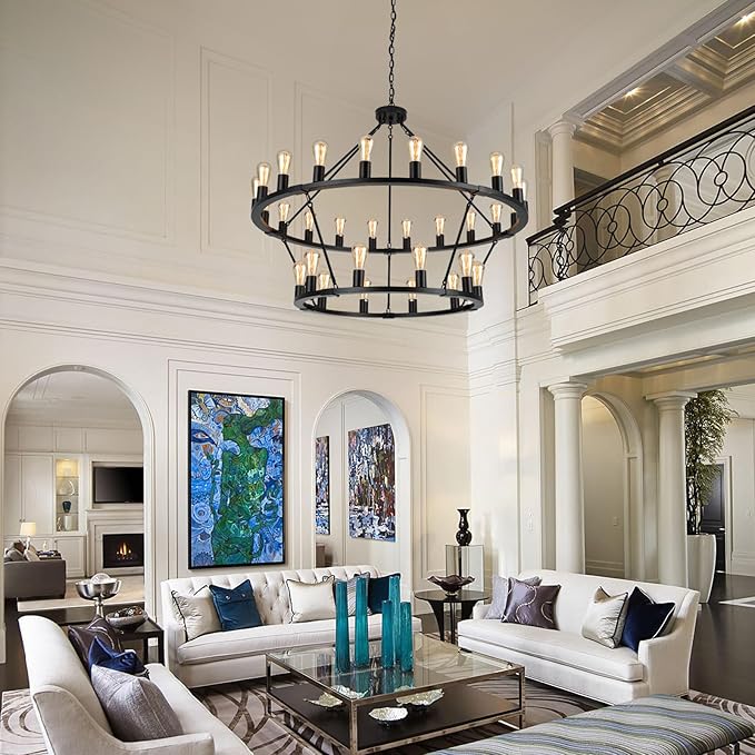 2 Tier Wagon Wheel Chandelier | 30-Lights 48 Inch Extra Large Chandeliers for High Ceilings | Black Wagon Wheel Light Fixture for Foyer | Entryway | Living Room