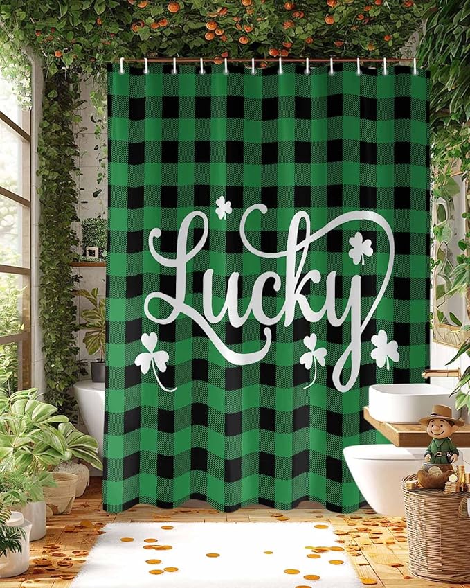 St. Patrick's Day Buffalo Plaid Shower Curtain, Lucky Shamrocks Clover Shower Curtains Set with Hooks, Rustic Green Black Waterproof Fabric Bathroom Curtains Decor Home Accessories,66 X 72 Inch Long