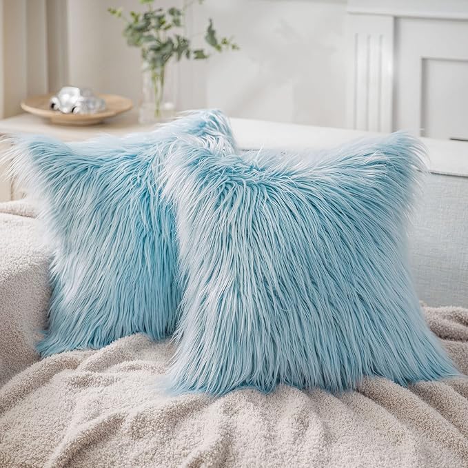 Phantoscope Pack of 2 Faux Fur Solid Throw Decorative Pillow Cover Cushion Covers Luxury Soft Decorative Pillowcase Fuzzy Pillow Covers for Bed/Couch, Light Blue 18 x 18 Inches