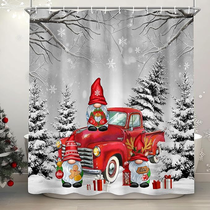 Farmhouse Christmas Shower Curtain, Farm Red Xmas Truck Christmas Tree Cute Gnome Winter Forest Shower Curtains Set, Holiday Bathroom Decor Fabric Machine Washable with Hooks, 72 x 72 Inches