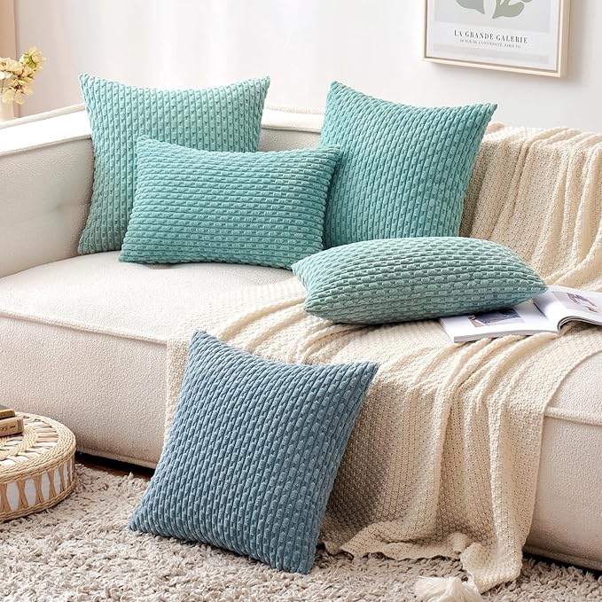 MIULEE Pack of 2 Decorative Lumbar Throw Pillow Covers 12x20 Inch Soft Boho Striped Textured Corduroy Pillow Covers Modern Farmhouse Home Decor for Couch Bed Sofa Living Room Aqua Green