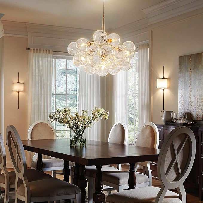 White Gold Bubble Ball Chandelier 6-Light Dia 24 Inch Mid-Century Blown Glass Light Fixtures Swirled Clear Globe Chandeliers Lighting Pendant for Dining Living Room Entryway Island