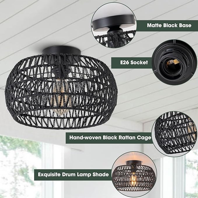 Boho Ceiling Lights Fixtures Black Rattan Chandelier Light Small Rattan Flush Mount Ceiling Lighting Hand-Woven Chandelier for Nursery Light Fixture Kitchen Bedroom Hallway