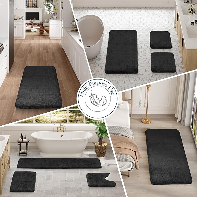 Walensee Large Bathroom Rug (24 x 72, Black) Extra Soft and Absorbent Shaggy Bath Mat Machine Washable Microfiber Non Slip Luxury Floor Mat