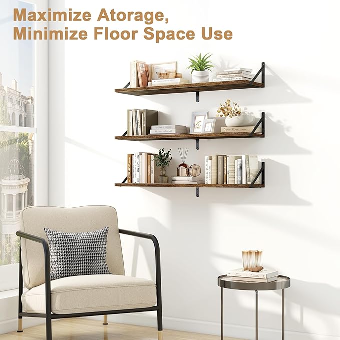 Fun Memories Floating Shelves for Wall, 36 Inches Long Set of 3 Wall Shelves for Bedroom, Floating Bookshelves with Metal Brackets for Living Room, Kitchen, Bedroom and Laundry Room (Rustic Brown)