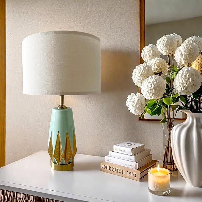 20" Modern Green Ceramic Table Lamp Set of 2 for Farmhouse, Living Room, Bedroom Nightstand, Coffee Table