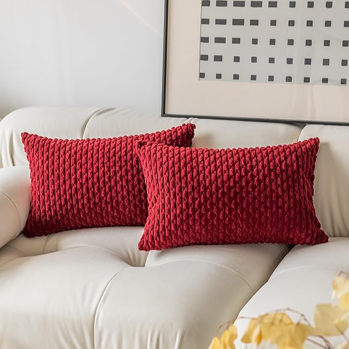 Kevin Textile Christmas Lumbar Throw Pillow Covers Ultra Soft Solid Striped Corduroy Rectangle Pillow Cover for Sofa 12 x 20 inch Burgundy 2 Pieces