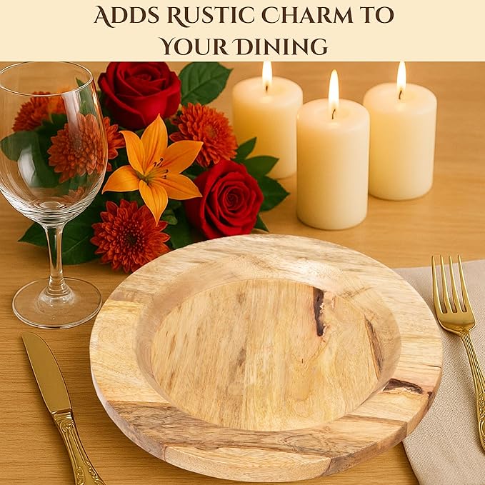 CLEENTABLE Wooden Serving Platter Set of 2-13" Handcrafted Serving Plates - Round Rustic Natural Tableware for Indoor/Outdoor Dining, Weddings, Holidays, Party, Sushi, Dinnerware (Natural)