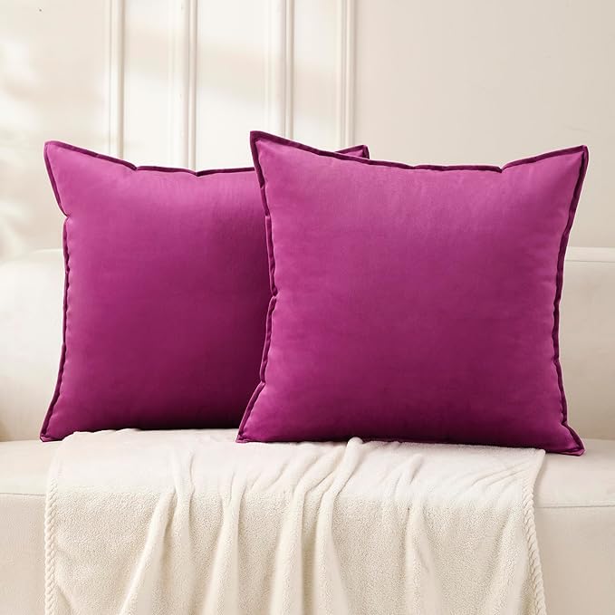 VAKADO Throw Pillow Covers 18x18 Set of 2 Fuchsia Velvet Decor Decorative Couch Cushion Euro Pillowcases with Fringe Home Bed Decoration for Sofa Bedroom Office