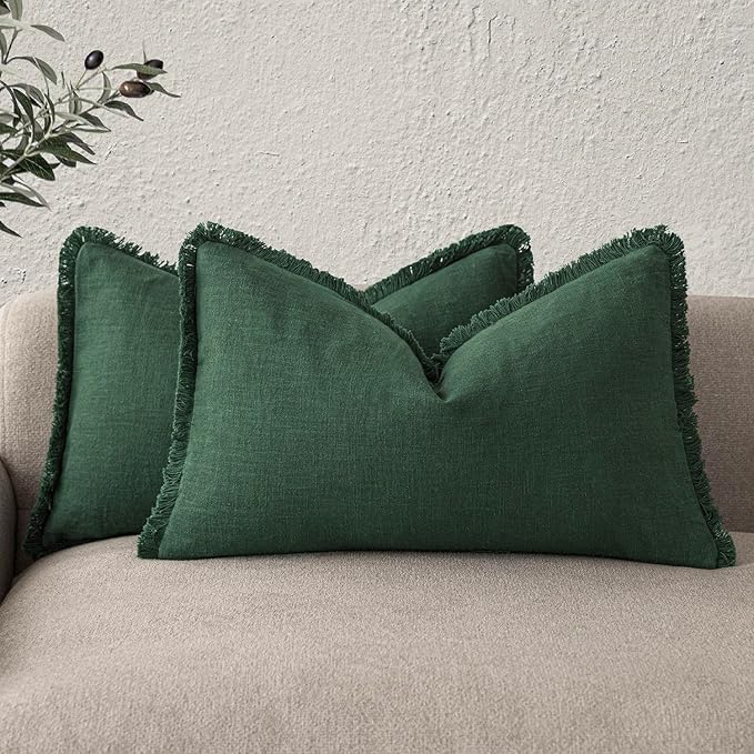 Foindtower Set of 2 Decorative Linen Fringe Lumbar Throw Pillow Covers Boho Farmhouse Cushion Cover with Tassels Soft Accent Pillowcase for Couch Sofa Bed Living Room Home Decor,12×20 Inch,Pine Green