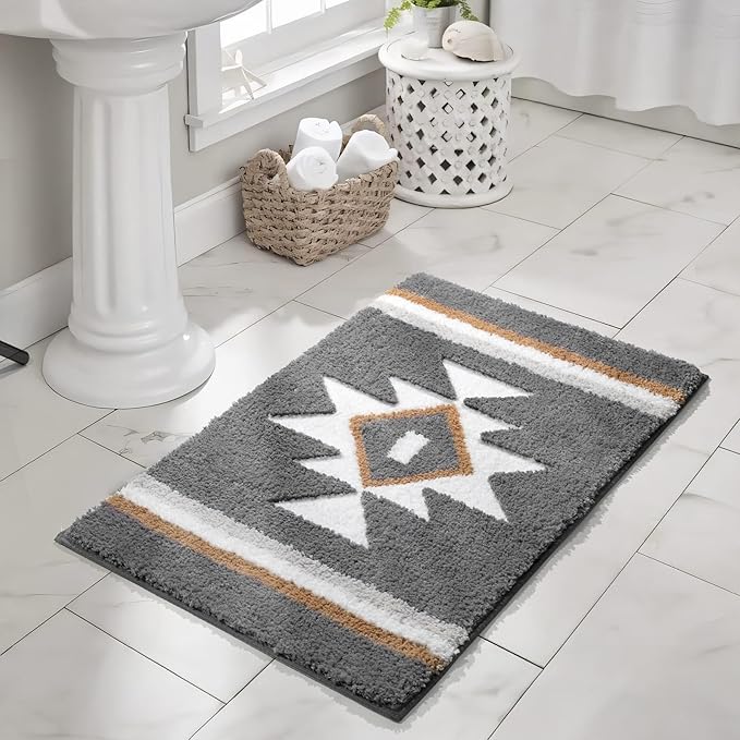 Boho Bathroom Rugs Grey Bath Mat Non Slip Soft Absorbent Bath Rug, Western Geometric Luxury Plush Floor Mat for Farmhouse Bathroom Shower Kitchen Modern Decor, 24x36