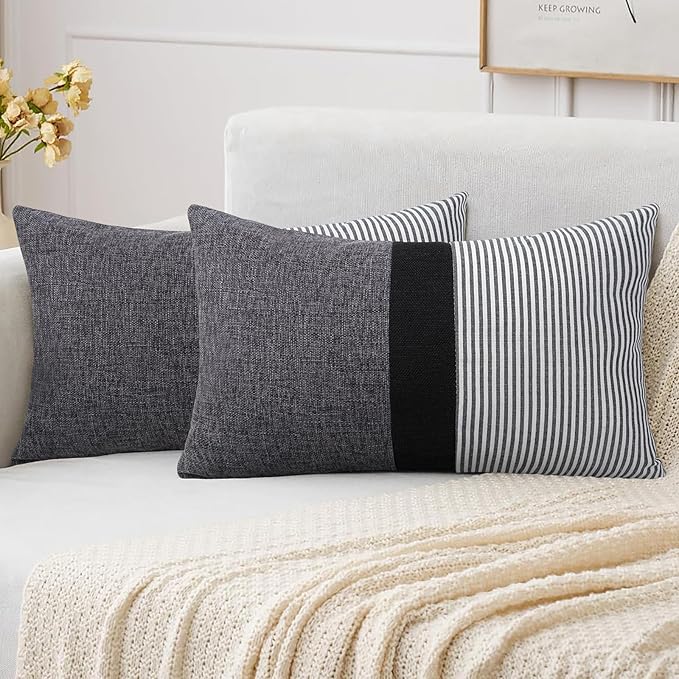 Adabana Stripe Pillow Covers 12x20 Set of 2 Square Patchwork Linen Decorative Lumbar Throw Pillow Covers Modern Farmhouse Decor Pollowcases for Couch Sofa Bedroom,Grey Stripe
