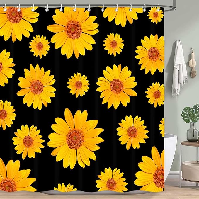 Black and Yellow Daisy Flower Shower Curtain, Rustic Farmhouse Botanical Waterproof Fabric with Hooks Set, 72x72 Inches