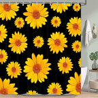 Black and Yellow Daisy Flower Shower Curtain, Rustic Farmhouse Botanical Waterproof Fabric with Hooks Set, 72x72 Inches