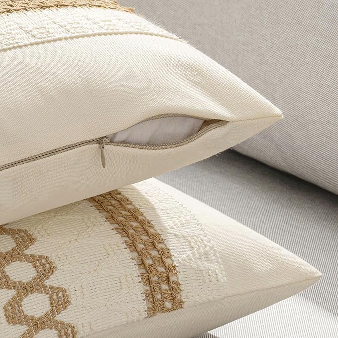 MIULEE Set of 2 Neutral Boho Decorative Pillow Covers 16x16 Inch Farmhouse Rustic Couch Throw Pillows Modern Cotton Cushion Covers Retro Cute Macrame Woven Home Decor for Bed Sofa Chair