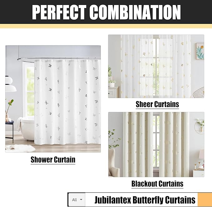 Jubilantex Butterfly Shower Curtain for Bathroom, White Silver Print Farmhouse Waterproof Bathroom Decorative Rustic Kids Shower Curtain with 12 Rust Proof Grommets for Spa Hotel, 70x76 Inches