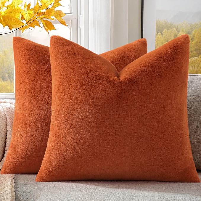Pallene Faux Fur Plush Fall Throw Pillow Covers 20x20 Set of 2, Soft Fluffy Couch Pillow Covers for Living Room, Rust