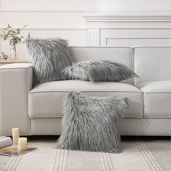 Phantoscope Pack of 2 Faux Fur Solid Throw Decorative Pillow Cover Cushion Covers Luxury Soft Decorative Pillowcase Fuzzy Pillow Covers for Bed/Couch,Gray 18 x 18 Inches