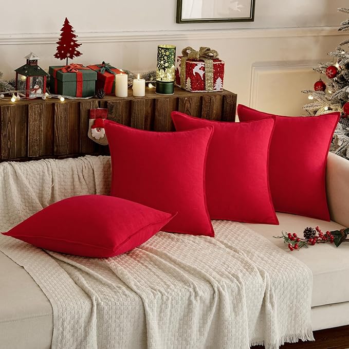 MIULEE Christmas Decorative Linen Pillow Covers 18x18 Inch Red Boho Farmhouse Neutral Couch Throw Pillows for Bed Pack of 2 Accent Modern Pillowcase Sofa Livingroom Home Decor