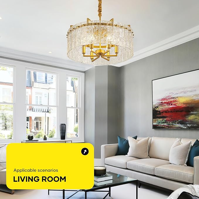 Gold Crystal Chandeliers for Dining Room 6-Light, 22” Modern Water Ripple Glass Light Fixture, Farmhouse Round Lighting for Kitchen Island, Bar Table