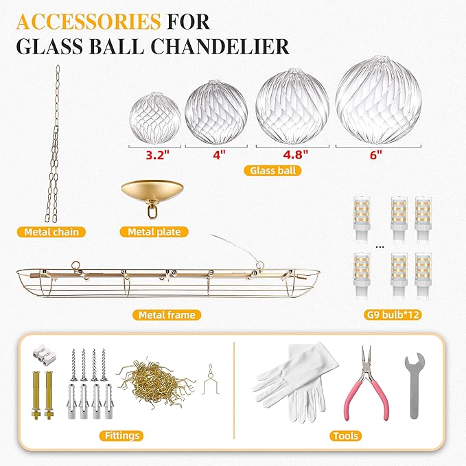 Luxury Bubble Glass Chandeliers Clear Ribbed Swirled Blown Glass Ball 50" L Rectangular Island Light Fixture Hanging Pendant Light Fixtures for Living Room Restaurant Dining Table