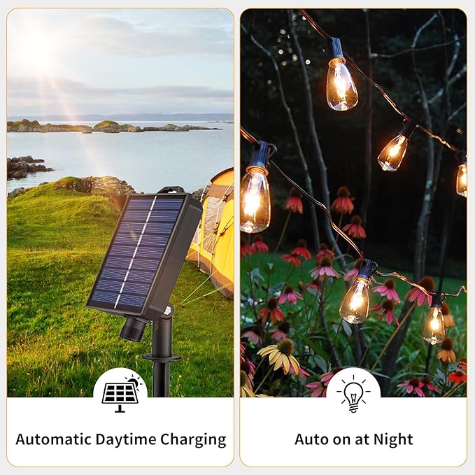 Solar String Lights Outdoor Waterproof, 50FT Solar Powered Outdoor Lights with Remote, 26 Shatterproof with Edison Bulbs, LED String SolarLights for Garden, Backyard, Parties