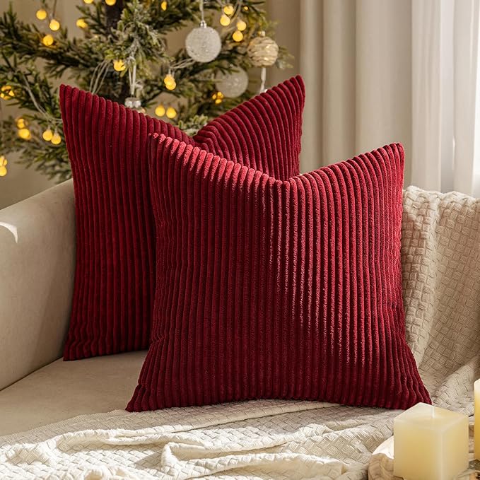 MIULEE Winter Pack of 2 Corduroy Soft Soild Decorative Square Christmas Throw Pillow Covers Cushion Cases Pillow Cases for Couch Sofa Bedroom Car 18 x 18 Inch 45 x 45 cm Burgundy