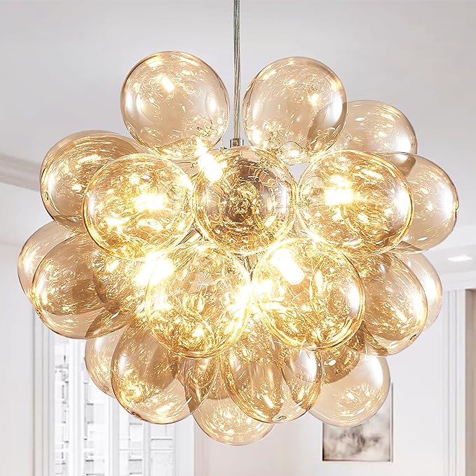 Longree Champagne Bubble Ball Chandelier, Dia 20 inch Blown Glass Cognac Glass Pendant Light Fixture for Bedroom Study Bathroom Foyer Entryway Lamp