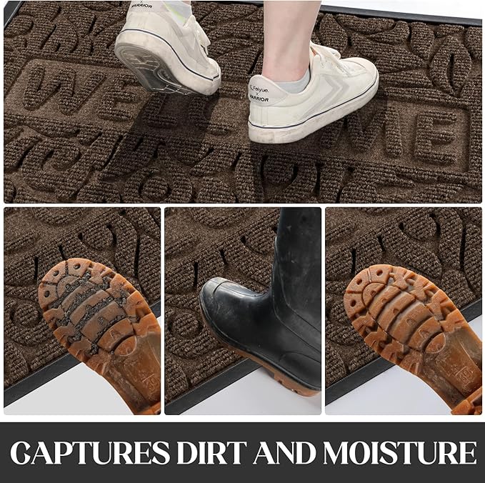 Yimobra Welcome Mat Outdoor 29.5x17, Waterproof Non-Slip Outdoor Mats for Front Door Outside Entrance, Low-Profile Entryway Mat Indoor for Garage Patio, Coffee