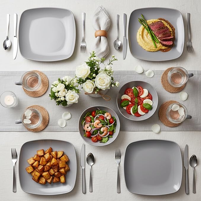 TP 10.5" Melamine Square Dinner Plates, 6-piece Plate Set Unbreakable Serving Dishes for Indoors and Outdoors, Unbreakable Dinner Service for 6, Gray