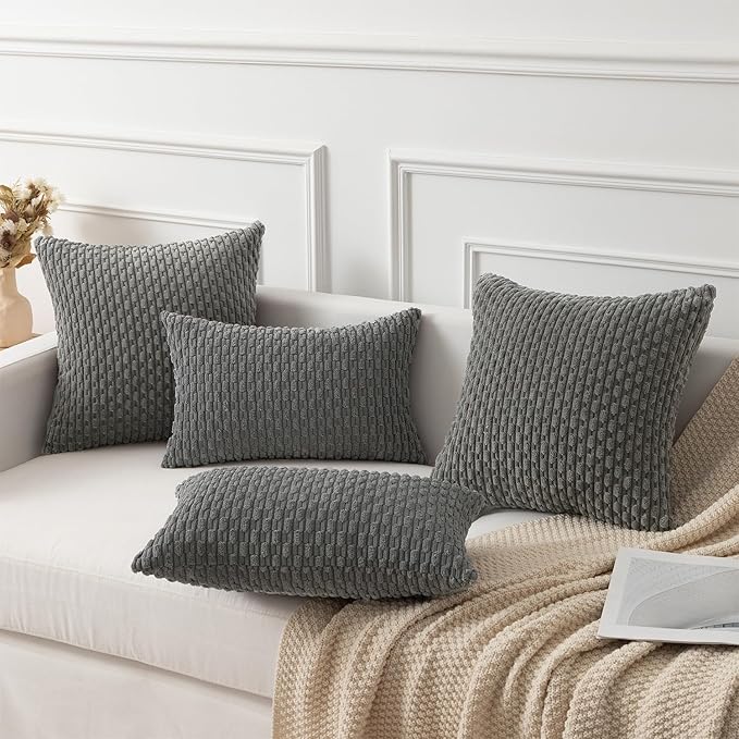 Kevin Textile Throw Pillow Cover Striped Pattern Decorative Soft Corduroy Cushion Covers Stripes for Living Room Set of 2 18x18 Inch Dark Grey